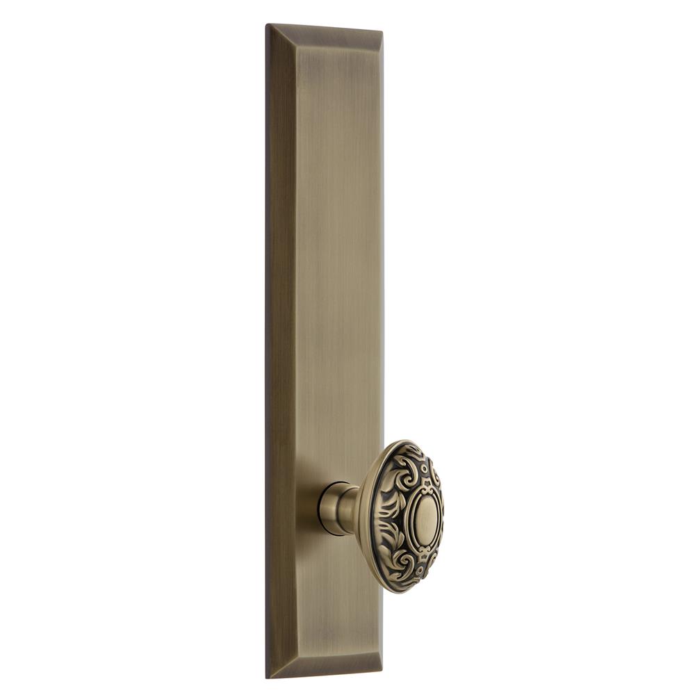 Grandeur by Nostalgic Warehouse FAVGVC Fifth Avenue Tall Plate Privacy with Grande Victorian Knob in Vintage Brass